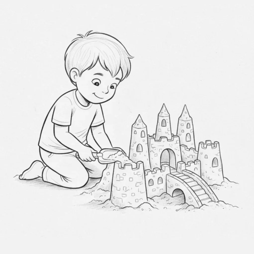 Niño construyendo castillo de arena
