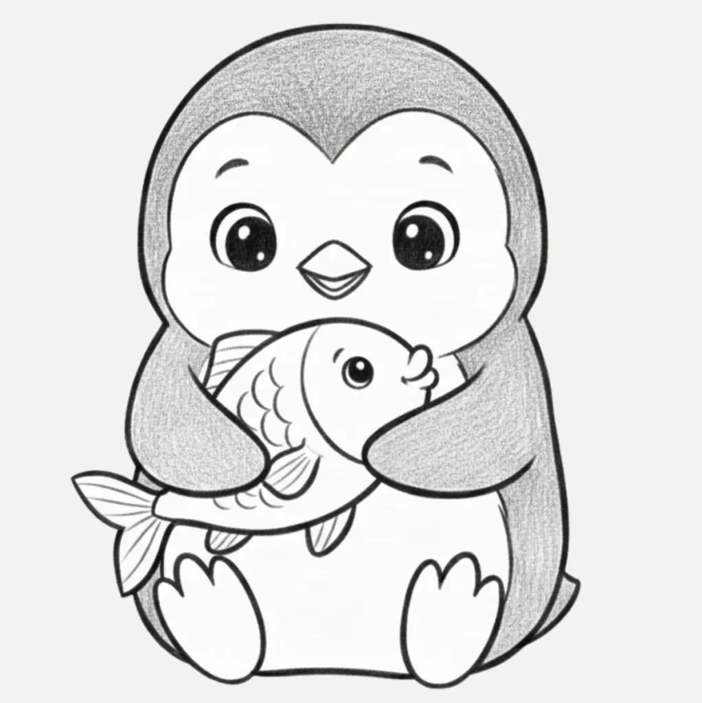 Pingüinito abrazando un pez