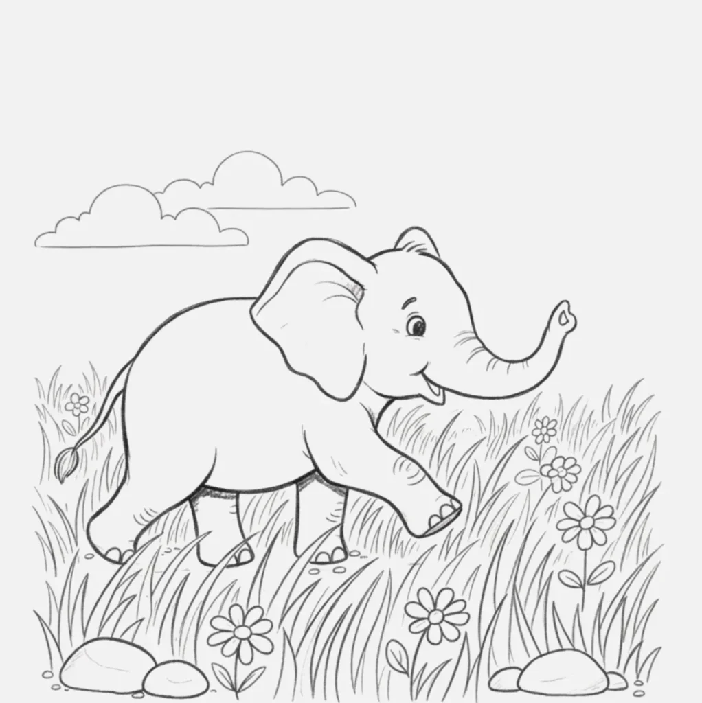 18+ Dibujos de Elefantes Bonitos y Fáciles de Hacer 22 Elefante caminando en la hierba