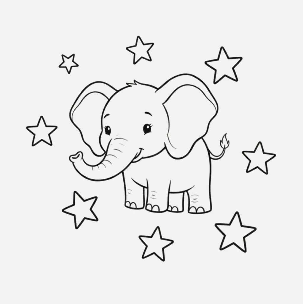 18+ Dibujos de Elefantes Bonitos y Fáciles de Hacer 17 Elefante con estrellas alrededor