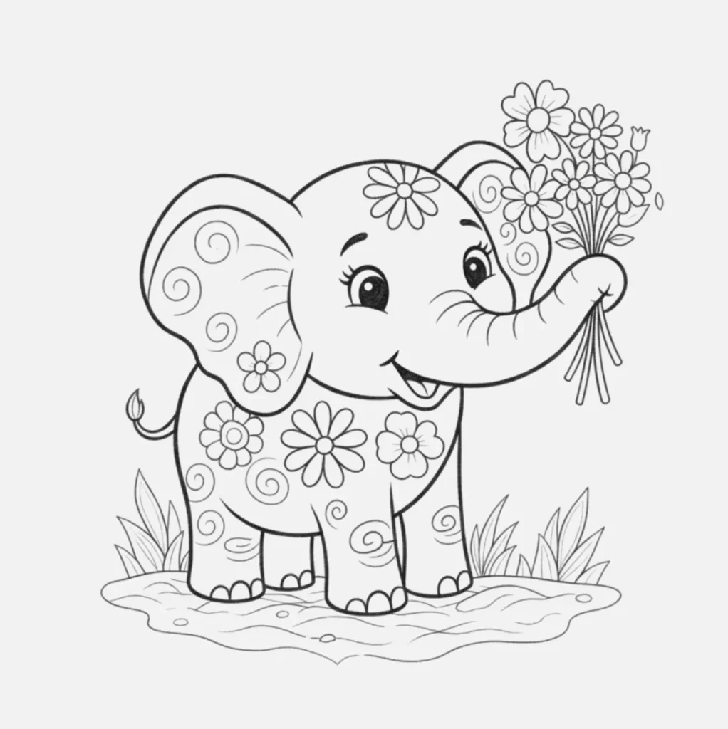 18+ Dibujos de Elefantes Bonitos y Fáciles de Hacer 9 Elefante con flores