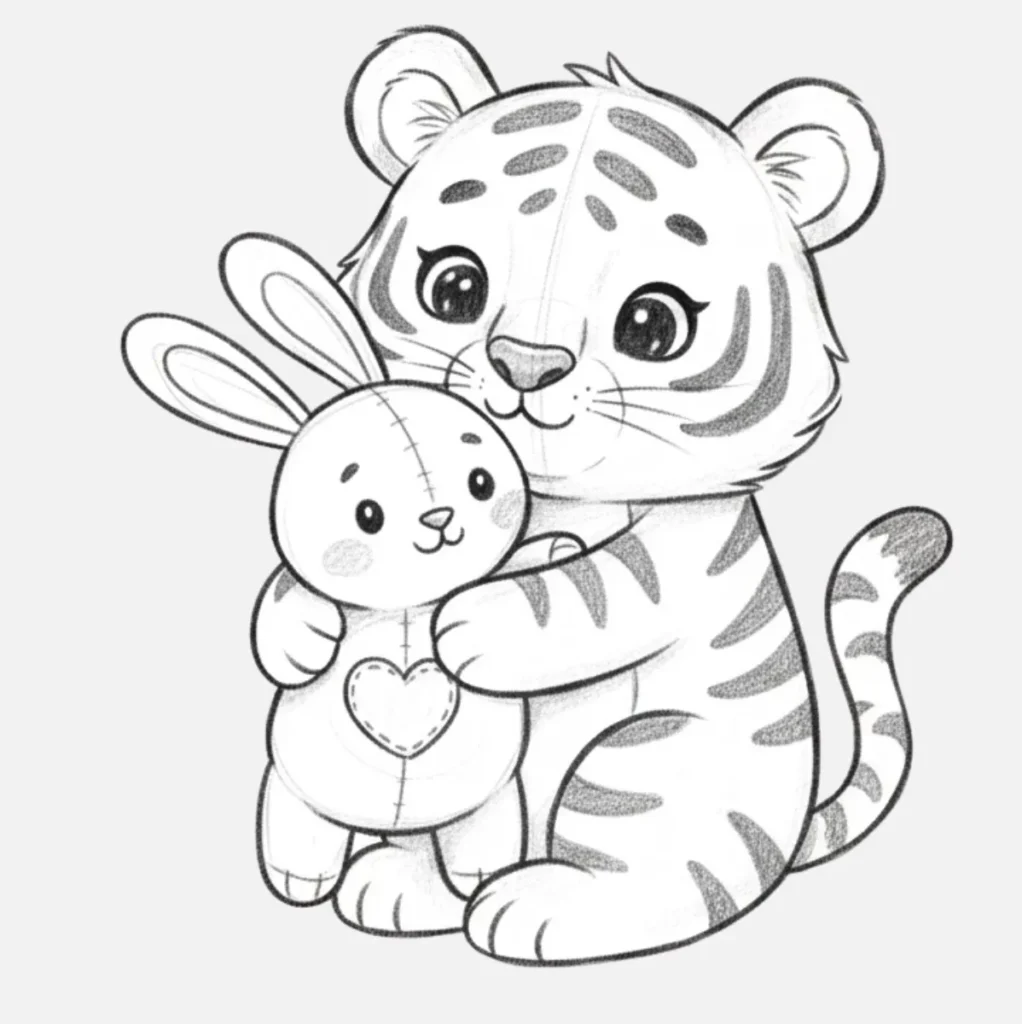 Tigre abrazando un peluche