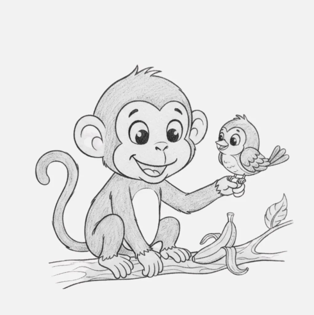 Mono Dibujo Fácil: Ideas Divertidas para Dibujar Monos 🐒 11 Mono y su amigo pájaro