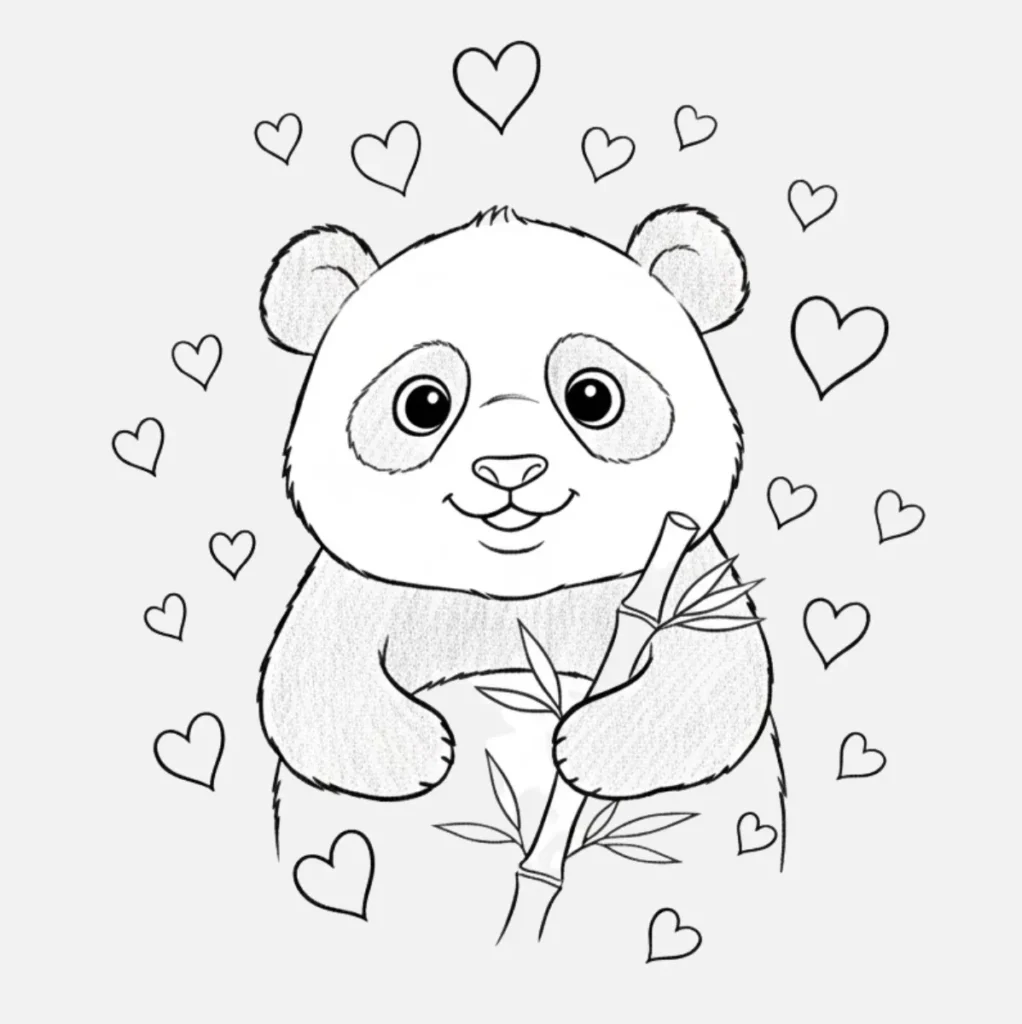 Panda Dibujo Fácil y Bonito para Niños 11 Un Panda Rodeado de Corazones