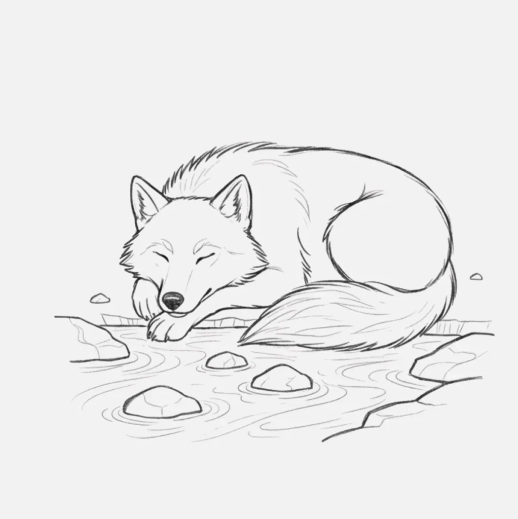 Lobo descansando junto a un río