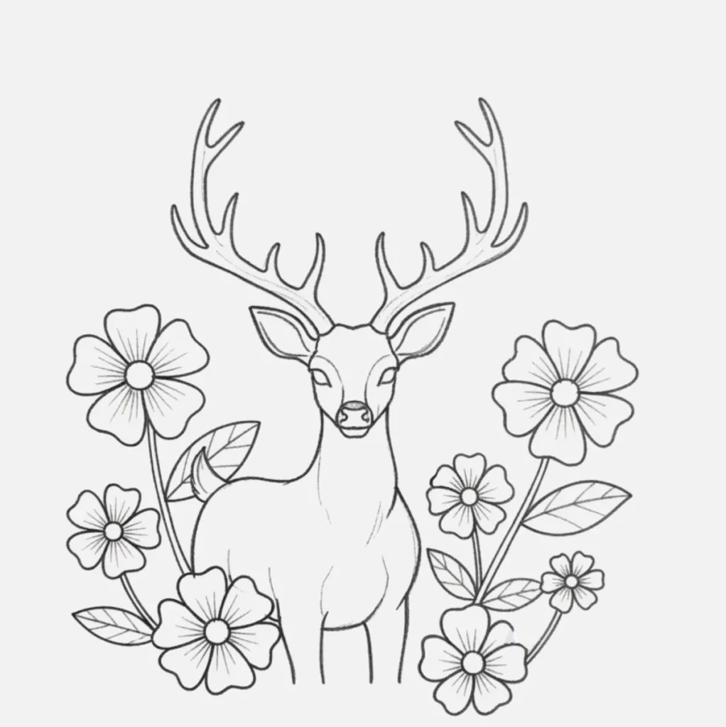 Ideas de Venado Dibujo Fácil y Bonito 8 Venado con Flores Alrededor