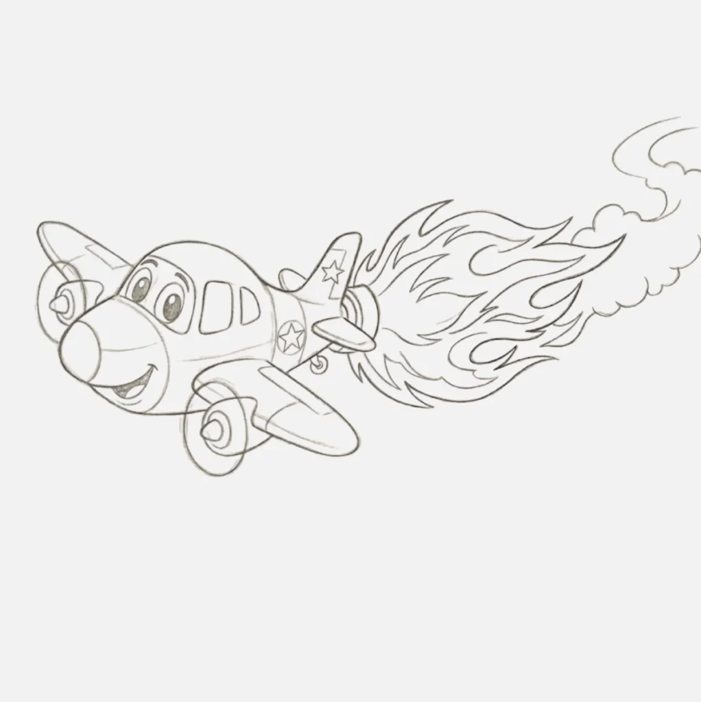 Avion Dibujo Animado con fuego de propulsión