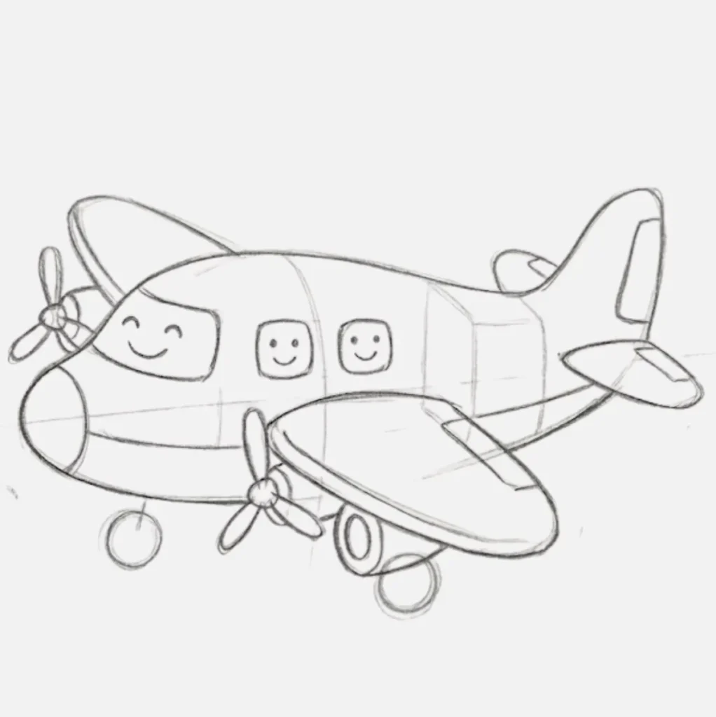 Avion Dibujo Facil con nubes y sol