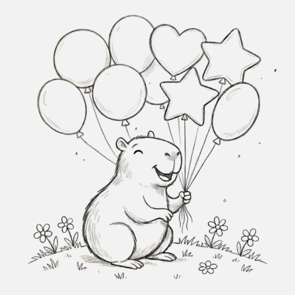 Dibujos de Capibara: Ideas Simples y Creativas para Todos 14 Capibara con globos de colores