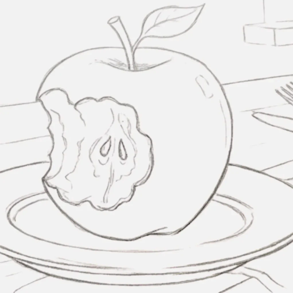 Boceto de manzana a medio comer